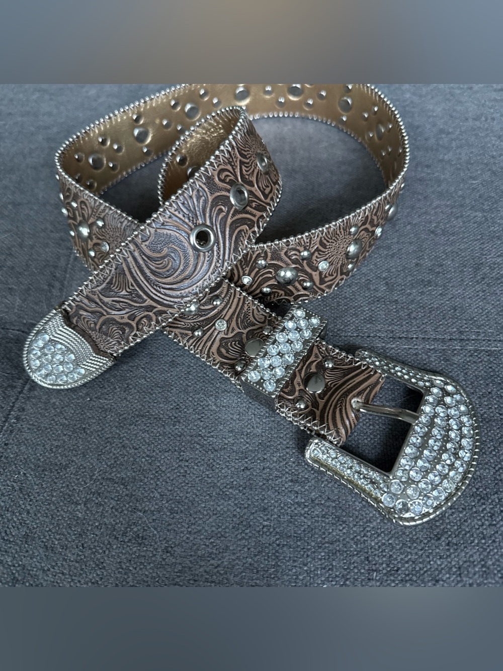 Kathy Van Zeeland Western Rhinestone Belt Small Brown Tooled Leather Bling Y2K